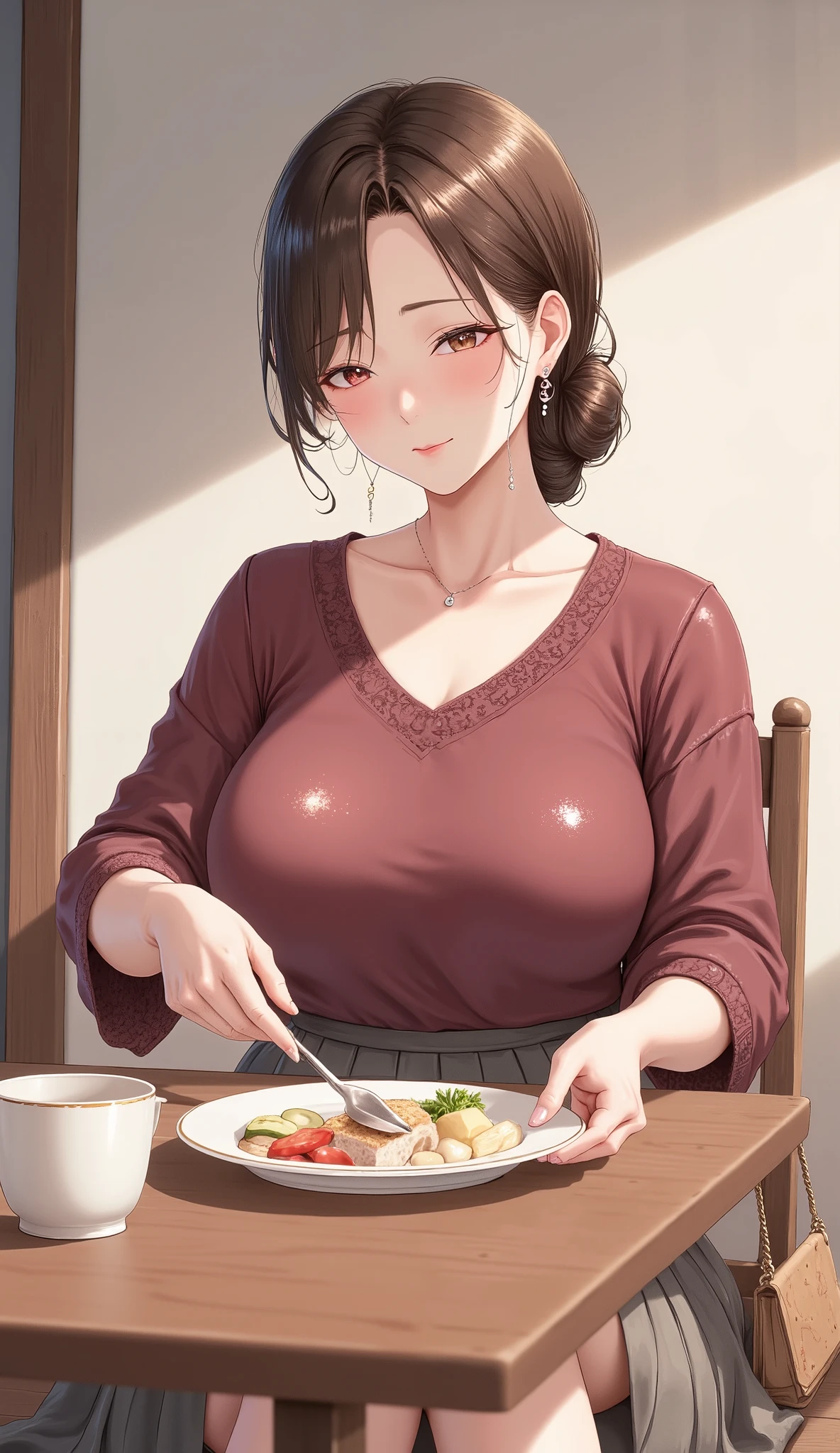 anime style inspired by Oda Non.
calm, Seated in a slightly forward position from the front of the wooden dining table、she's a calm Japanese woman who looks about 48 years old, I carefully place the plate on the table. she says 視聴者の方をまっすぐ見ています, Her brown hair is neatly arranged in a low position, and、 calmな顔立ちで、such as light wrinkles and natural skin texture、中年の calmな兆候が見られます. Her expression is modest and slightly embarrassed, Gentle reddening on the cheeks 、Her eyes show a mixture of embarrassment and quiet calm. she says 、Combined with beige I'm wearing a simple burgundy v-neck knit sweater, Long flared skirt that flows softly around her legs. A small handbag is placed nearby. Her posture is graceful yet relaxed, radiating warmth, Endurance, and、The quiet strength of a loving mother. Soft morning light fills the room, and cast a gentle shadow、peaceful, homely atmosphere . The image is、drawn in a semi-realistic anime style inspired by Odano, warm, Natural Light, realistic shadows, Soft Depth of Field, andノスタルジックなトーン. High resolution with detailed textures and lighting.