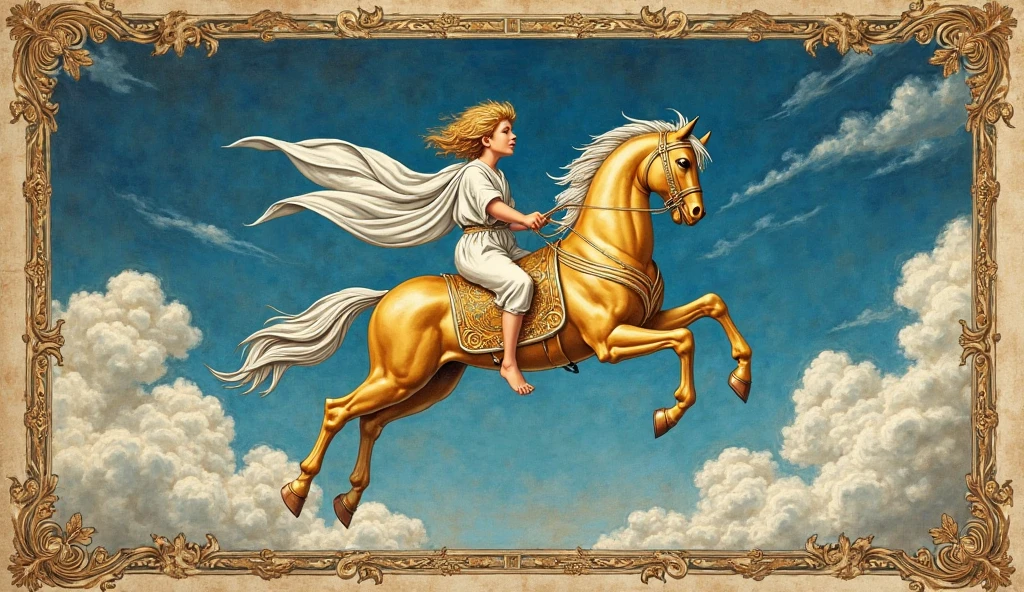 painting of a man on a horse with a winged halo, mythological painting, the god hermes, pegasus, male centaur centaur chimera, inspired by Charles Le Brun, neo-classical painting, centaur from greek mythology, neoclassical painting, cheval michael, woman riding a flying unicorn, mythology artwork, barroque painting, neoclassic painting