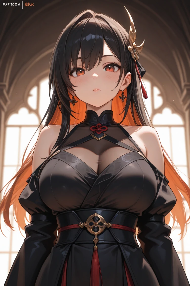 professional artwork, Intricate Details, field of view, sharp focus, detailed painting, photorealistic lighting, trending on pixiv, Standing at attention, black outfit ,yellow collared shirt,black and red bodysuit,skin_tight,black legwear, black pantyhose, Side_boob, black hair,very long hair, Bangs,yellow eyes,makeup, lipstick, 20yo,mature female,Beautiful Finger,Beautiful long legs,Beautiful body,Beautiful Nose,Beautiful character design, perfect eyes, perfect face, looking at viewer,official art,extremely detailed CG unreal engine 8k wallpaper, perfect lighting,Colorful, Bright_Front_face_Lighting, (masterpiece:1.0),(best_quality:1.0), ultra high res,4K,ultra-detailed, photography, 8K, HDR, highres, absurdres:1.2, Kodak portra 400, film grain, blurry background, (Beautiful,large_Breasts:1.4), (beautiful_face:1.5),(narrow_waist), (solo:1.4), ((landscape dimension))