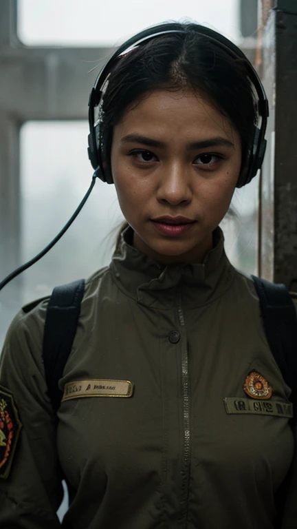 sh4r0n_l34l, photo of a beautiful woman, wearing a fighter pilot jacket and pants, ((hair in messy bun)), naval carrier background, portrait, close-up