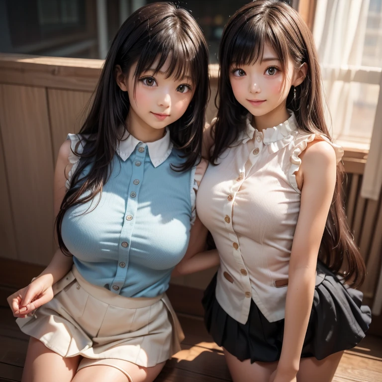 Japanese women, (Underweight), (Highest quality:1.5), (Bright smile:1.3),(Big Breasts:1.5), fun, walk, Long Hair, (A white, sleeveless, tight, see-through dress with buttons on the collar and chest.), Bright atmosphere, Full Body Shot、No background、(Erect nipples:1.2)、(A dress that accentuates the body line)、Slim and beautiful thighs and legs、narrow and constricted waist,、Elementary school girl in Japan:1.3, Adorable expression、Expressions of happiness、10 years old、height: 145cm、Baby Face、Amazingly cute、Three Girls