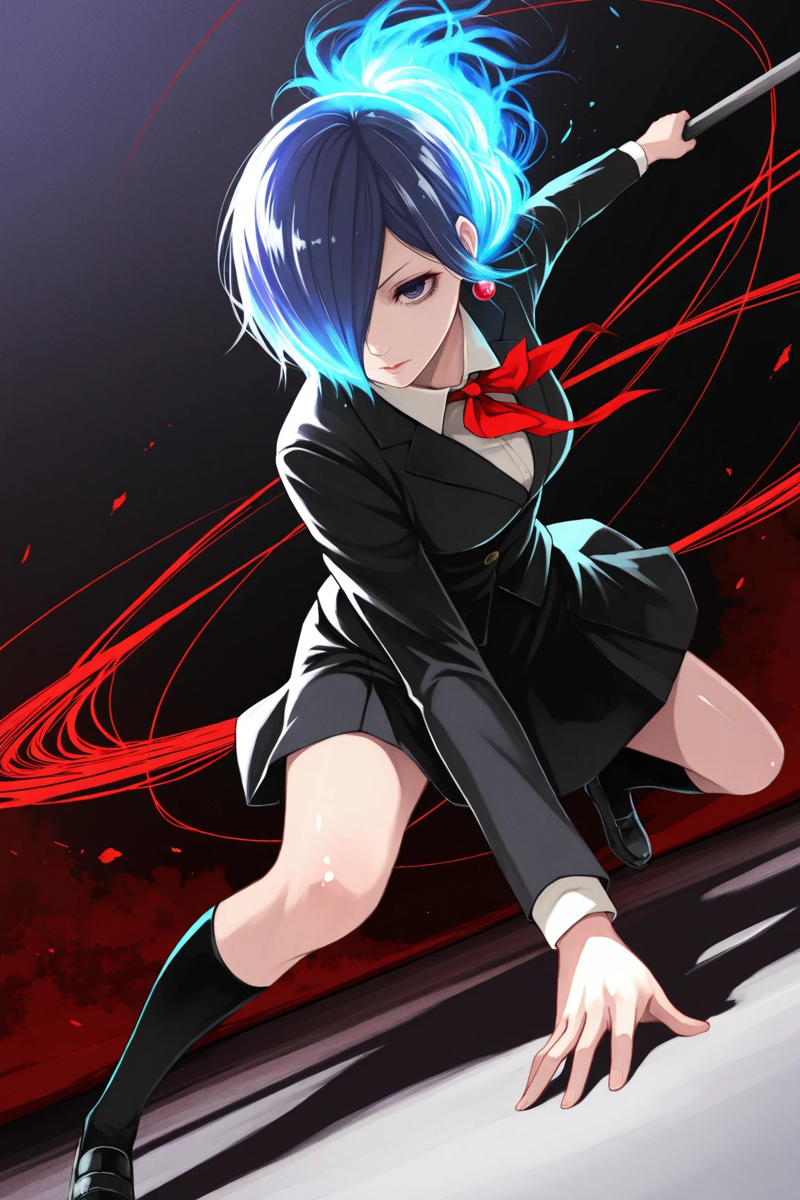 anime girl in a short skirt, knee-length stockings, red and blue hair, 3D wallpaper.