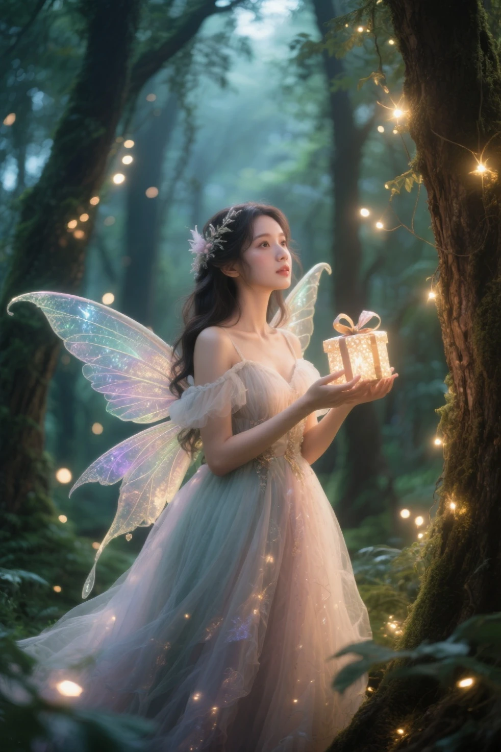 Beautiful fairy, surrounded by fireflies, ethereal and dreamy atmosphere