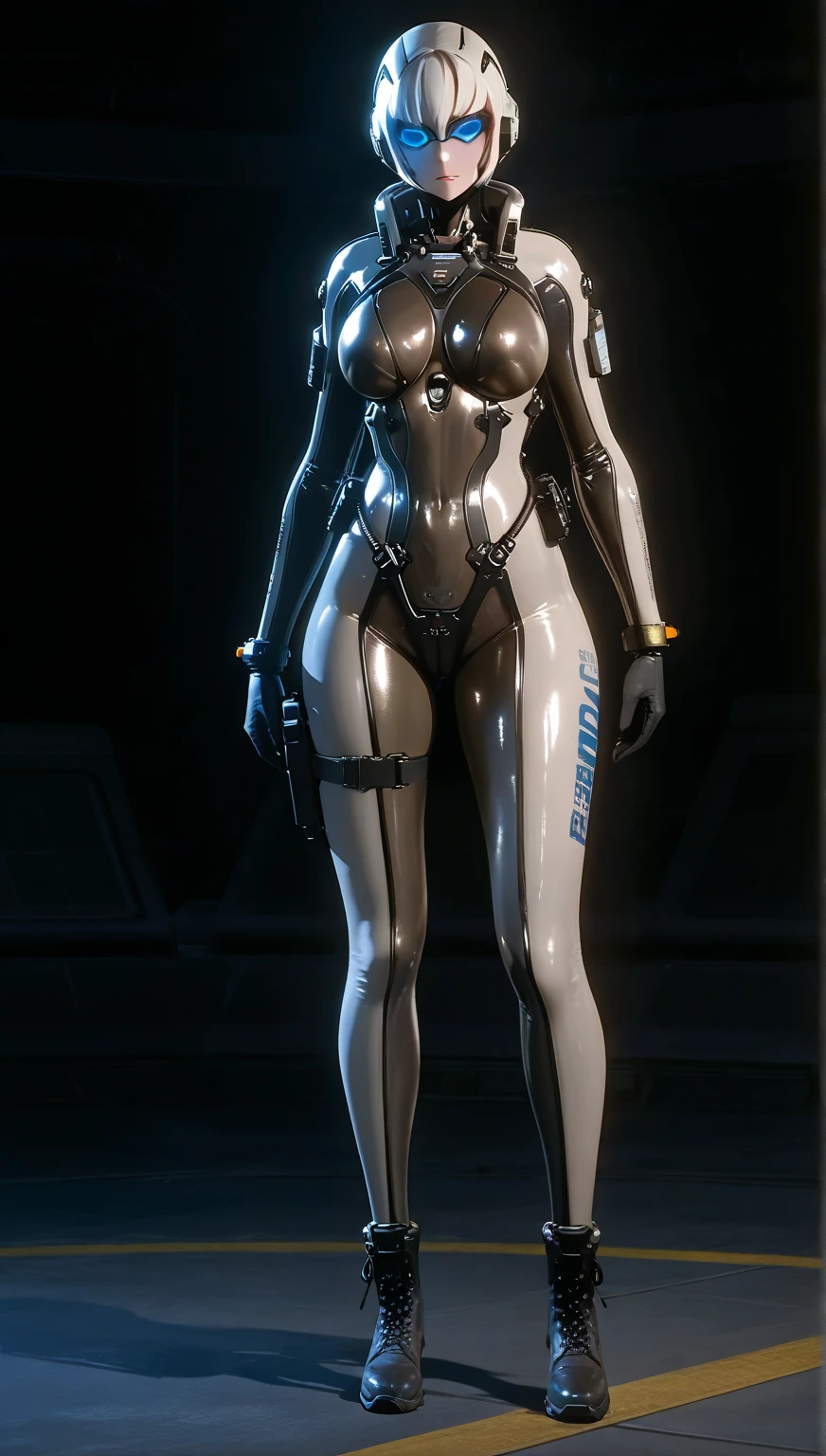 (A woman),(((A female member of the Future Force stands))),((Silver tactical high leg bodysuit:1.5)),((earphone:1.5)),((Tactical Holster:1.5)),(Gloves:1.5),(Serious:1.5),(Super short hair:1.5),(beautiful eyes:1.3),(Very detailedな顔:1.5),((Very detailed drawing of a female hand:1.5)),(((muscular:1.5))),((Sexy appearance:1.5)),((Thick thighs:1.5)),(Beautiful Body:1.5),((Very sensual:1.5)),(The backdrop is a futuristic city:1.5),(Cyberpunk atmosphere:1.5),(((Blurred Background:1.5))),(Written border depth:1.5),rest(((masterpiece:1.5),(best quality:1.5),(Very detailed:1.5),(high resolution:1.5),(Practical:1.5),(Practical:1.5),(Delicate depiction),(Carefully drawn))),8k,wallpaper, (((camel toe1.5))),(from below:1.2)