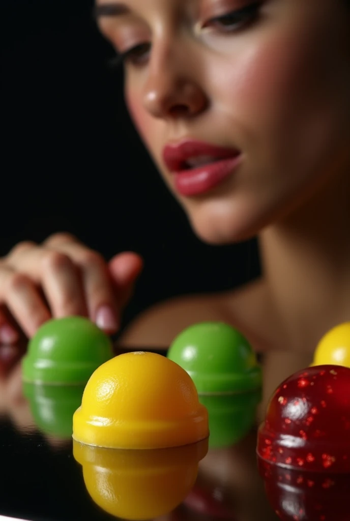 realistic photograph of scarlett johansson, dressed in a long yellow dress, making the number 2 showing the camera two fingers of her right hand, in the other hand she holds two green lemons. Isolated on a red background. Side angle view. Extremely Realistic. Perfect hands.