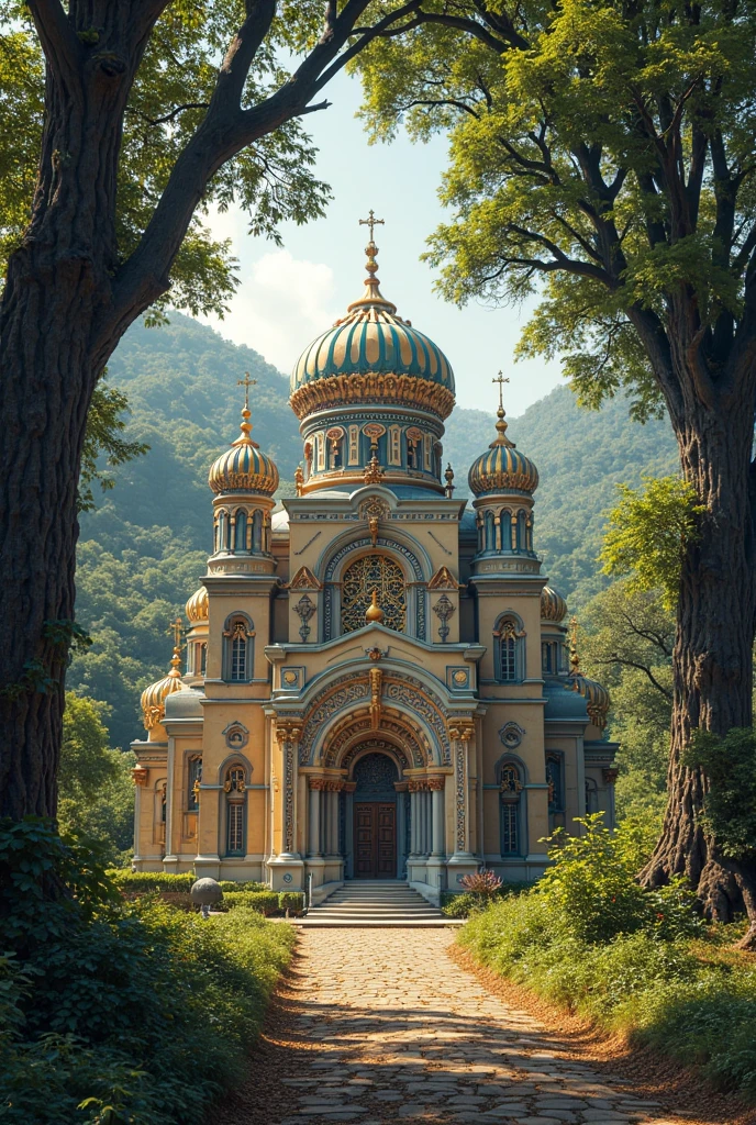 A photo of a majestic Russian sorcerer's palace, (ornate architecture:1.1), (colorful onion domes:1.2), surrounded by (whispering birch trees:1.2) and (lush gardens:1.1), (sparkling fountains:1.2) in a (peaceful courtyard:1.2), (intricate woodwork:1.2), (mystical symbols:1.1) embedded, (golden sunlight:1.1) bathing the scene, (vibrant hues:1.2) radiating from every corner, (illuminated lanterns:1.1) hung strategically, (mystical energy:1.1) permeating the air, (serene atmosphere:1.2) enveloping the surroundings, highlighted with (Russian folklore motifs:1.1), masterpiece, best quality, with the (silhouette of a Russian sorcerer:1.1) overseeing all