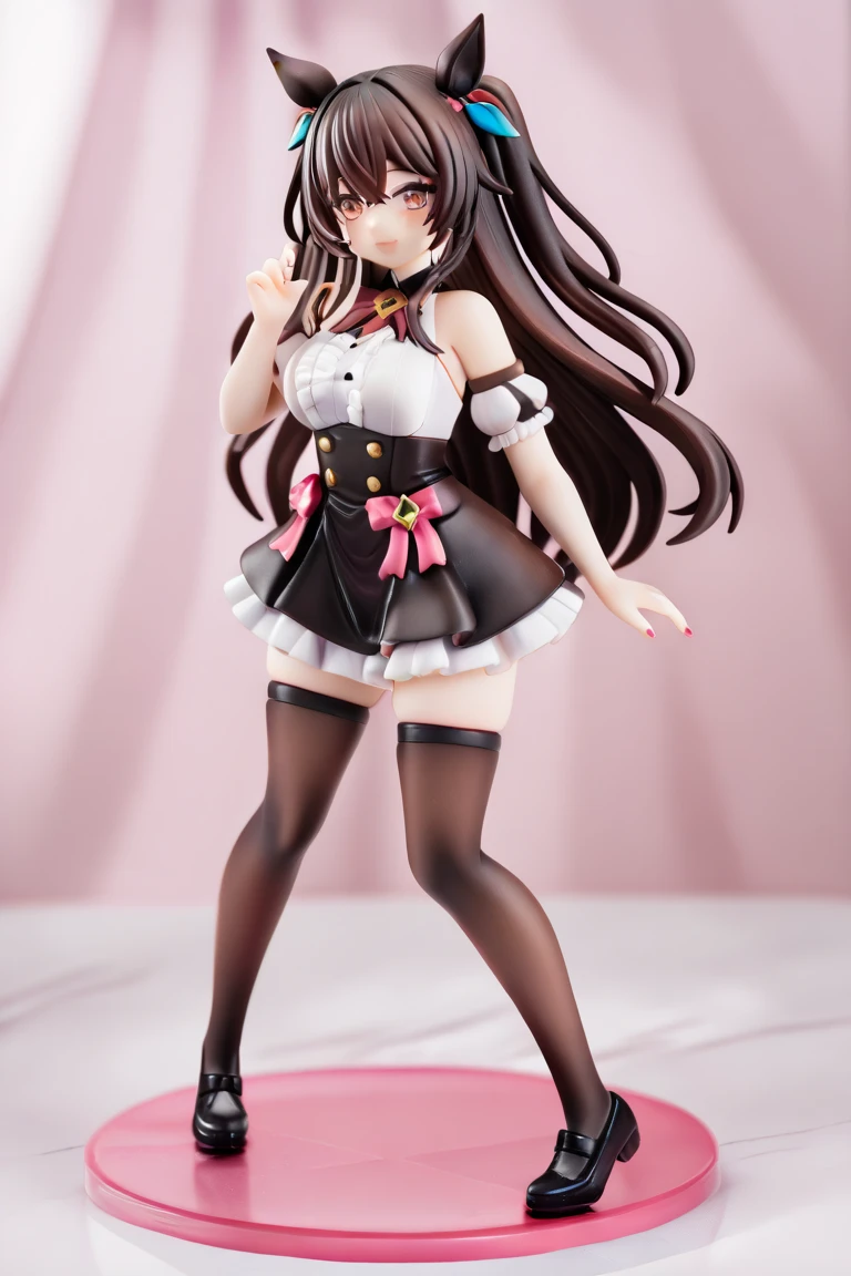 young girl (very sexy), big round breasts, Long collar coat, square mini skirt, wide legs (Portal illness), long socks, wide hip, skinny toned, profile stop, face flirting with the viewer, dark brown hair (two pigtails with a bow), sexy smile, hot