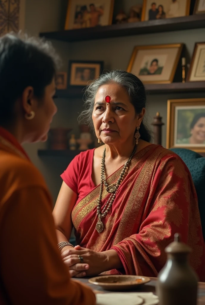 An indian woman, aged 30, in a blue saree, with left sided front bangs haircut. The bangs are asymmetrical and not even and ackward. She is explaining her unhappy haircut experience to her husband.