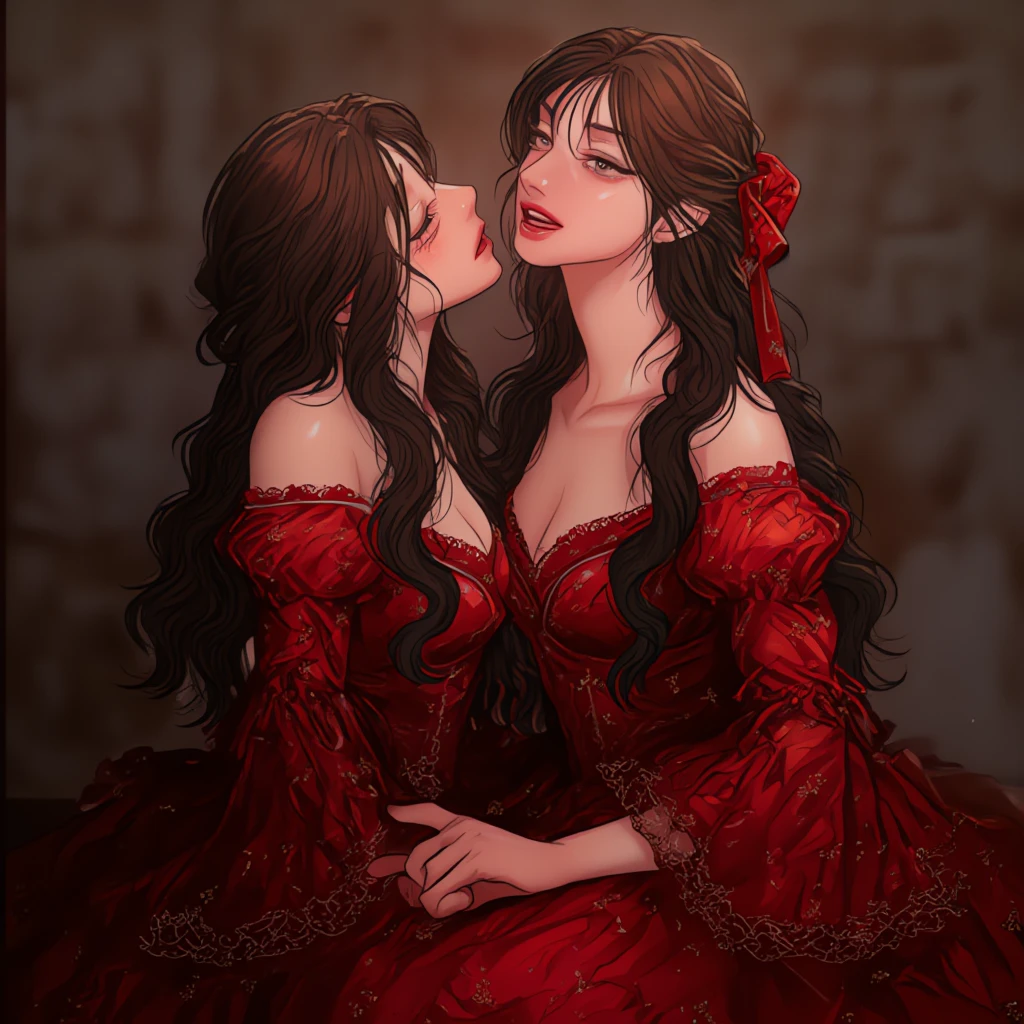 masterpiece, best quality, Eris Boreas Greyrat kiss Hilda Greyrat, 2 girls kissing each other lips, sitting full body on bed clenched hands, thick waist, strong abs