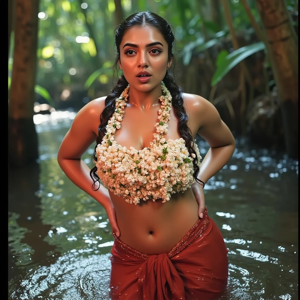 Indian girl in sari inside water in jungle