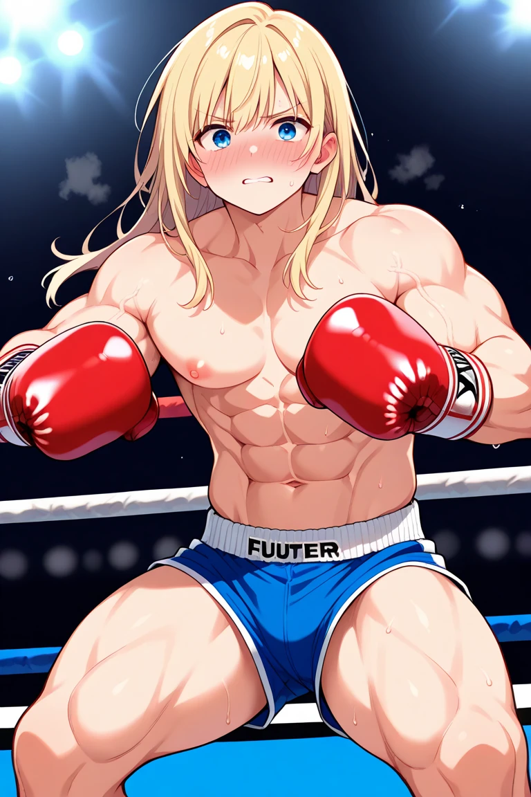 anime character with a muscular man in a boxing ring, hajime no ipo box fight, posing for a fight intricate, boxing match, fight pose, in a boxing ring, brutal fight, knockout punch, resting after a hard fight, muscular!!, in a fighting pose, posing for a fight, fighting pose, boxing, asuka suit under clothes!, sfw version
