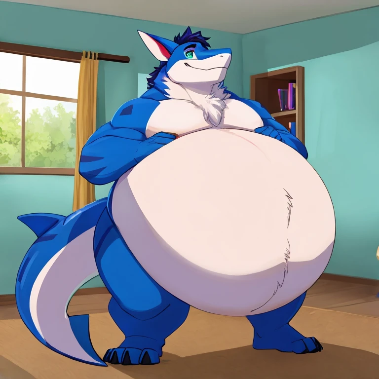 (((detailed eyes, detailed face))), (anthro, typhlosion, pokemon), male, (solo), (plump, chubby, belly, overweight), (white micro g-string <lora:bulge_micro_g-string_xindigo_v1:1>, bulge, topless), standing, arms behind back, smile, (by bna_v5, by inkudoragoon, by kicktyan), bedroom, light environment, 8k, UHD, masterpiece