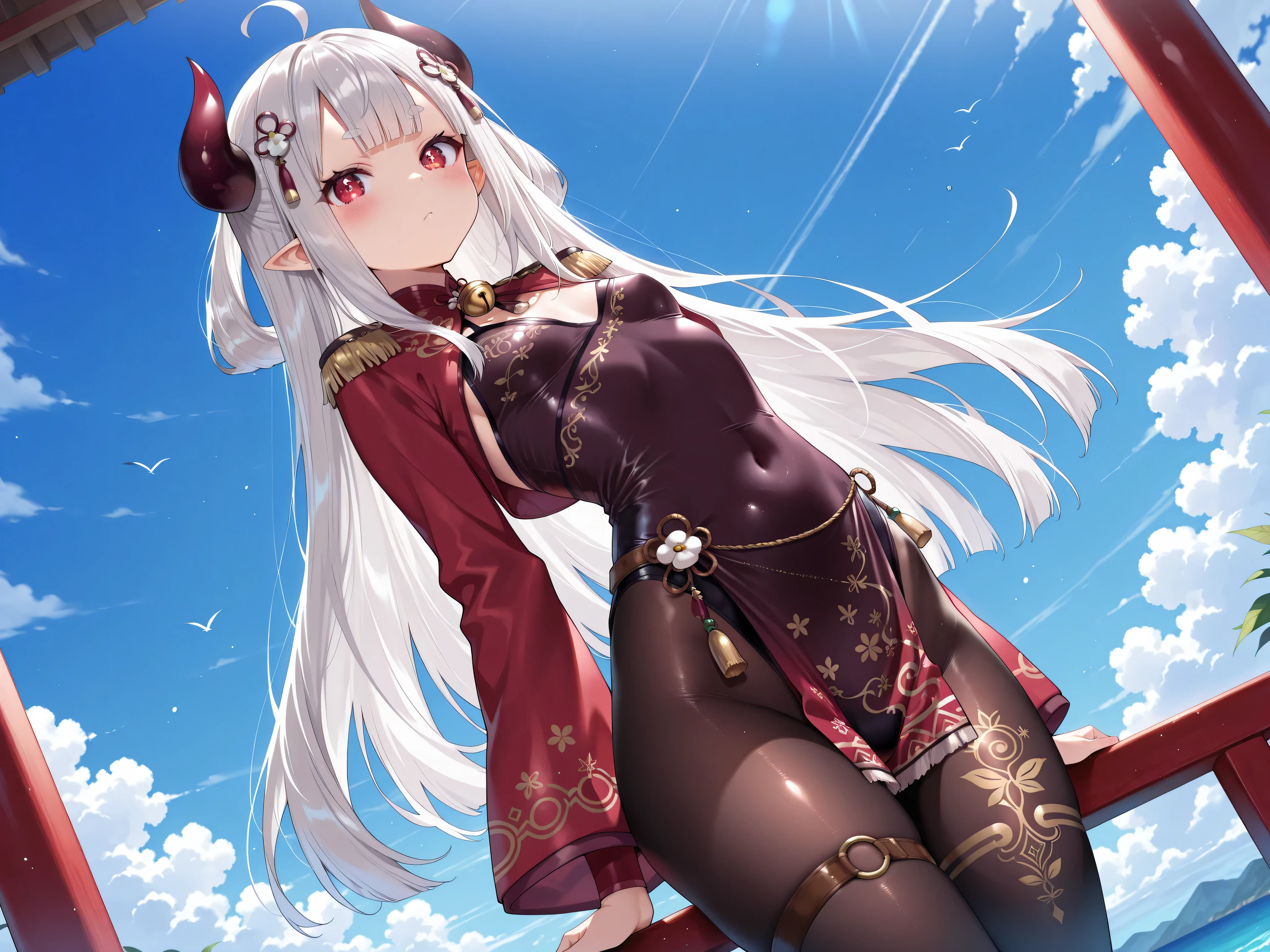 solo,masterpiece,best quality, amazing quality, highres, absurdres, very aesthetic, high resolution, ultra detailed, perfect details,(masterpiece, detailed:1.2),nijinaraka,small breasts,red eyes,diamond-shaped pupils,symbol pupils,short eyebrows,grey hair,white hair,pointy ears,demon horns,long hair,hair rings,blunt bangs,hair ornament,nijinarakacos,black dress,print dress,leotard under clothes,pelvic curtain,red shrug\(clothing\),red jacket,crop top jacket,epaulettes,red sleeves,saggy sleeves,print sleeves,long sleeves,wide sleeves,ornament around waist,thigh band,jingle bell,black pantyhose,print pantyhose,