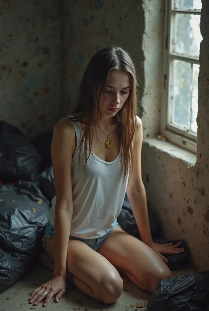 young woman, model, European, thin, pale, short pants, crop top, tattoo, fotoshooting, dark background, side view, lies on the ground, in front of a mirror 