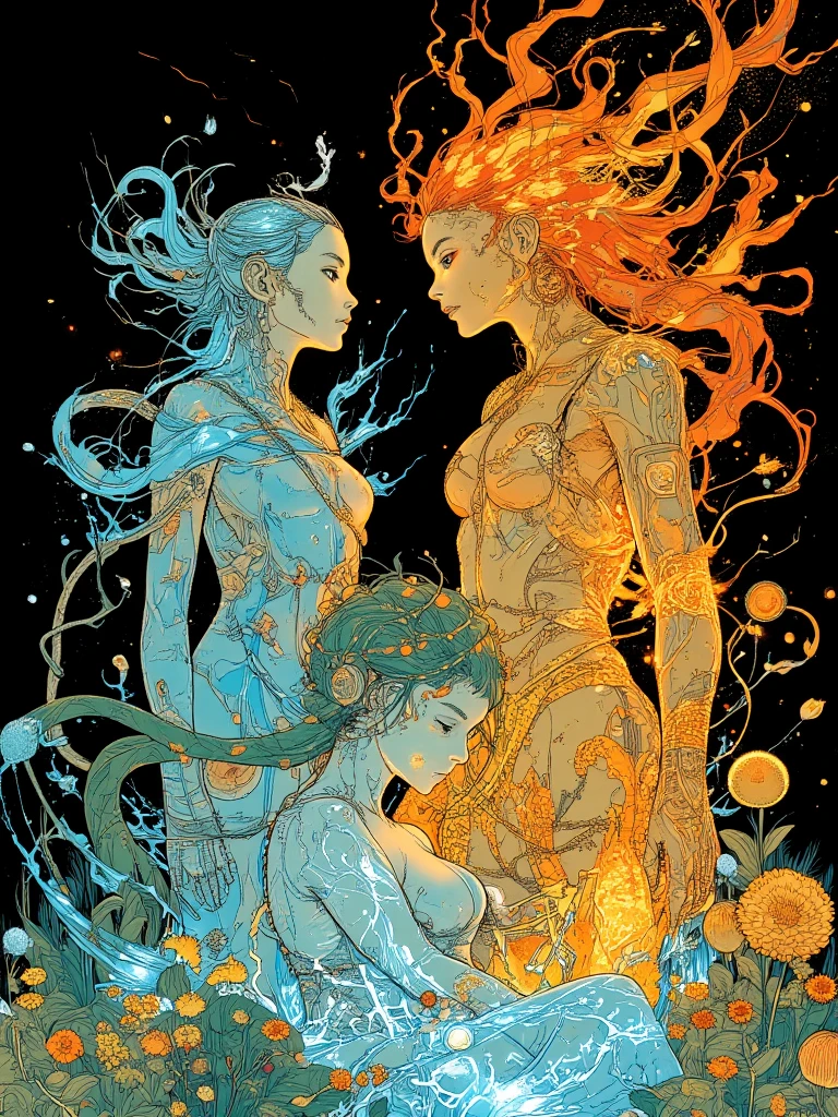 masterpiece, best quality, high resolution, flat color, 748cmstyle,
four goddesses in frame corners, black background, incredible physique, stunning elemental effects.
Fire Goddess: (top right), (body of swirling flames:1.3), (long, wild, burning red hair:1.4), (piercing blue eyes:1.1), (minimal ember gown:1.2), (dynamic, powerful pose:1.5), intense heat haze, sparks;
Water Goddess: (top left), (body of flowing, translucent water:1.3), (long, wavy, dripping blue hair:1.4), (deep red eyes:1.1), (shimmering water gown:1.2), (graceful, fluid, splashing pose:1.5), shimmering droplets, gentle waves;
Lightning Goddess: (bottom right), (body of crackling electricity:1.3), (short, spiky, static yellow hair:1.4), (vibrant green eyes:1.1), (sleek energy suit:1.2), (electrifying, sharp, striking pose:1.5), visible electrical arcs, shimmering air;
Plant Goddess: (bottom left), (body of intertwined vines, blossoming flowers:1.3), (long, braided, green hair with leaves:1.4), (bright yellow eyes:1.1), (organic leaf dress:1.2), (embracing, nurturing pose:1.5), lush foliage, glowing spores, gentle breezes;