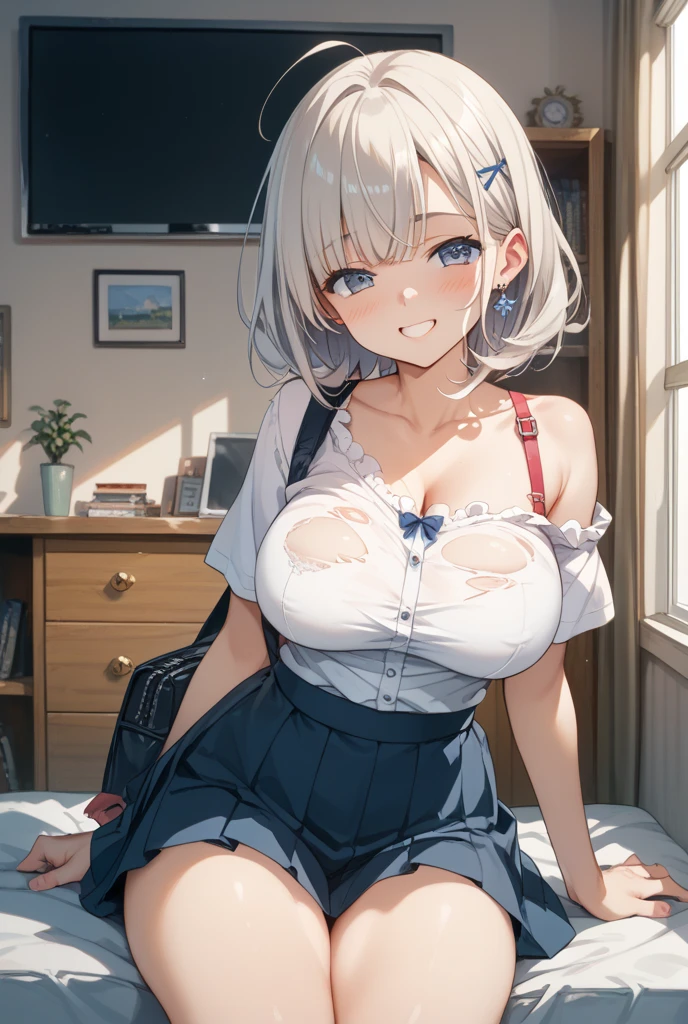 独奏、(Dark blue pleated skirt Dark blue、Dark blue micro mini skirt dark blue、Sailor suit summer uniform、Short sleeve white shirt、Navy Blue Ribbon)、(Big Breasts、slim、Slimming、Muscular、Beautiful Abs、Bare thighs)、(White, pale pink or pale blue panties、BREAK Panty Drop、Are standing、Raising his arms、Pussy、Pussyライン)、Blue Eyes、(I opened my mouth slightly、Sexy look、Blushing)、(Blonde、Shortcuts)、NSFW、high school girl、high school、classroom、