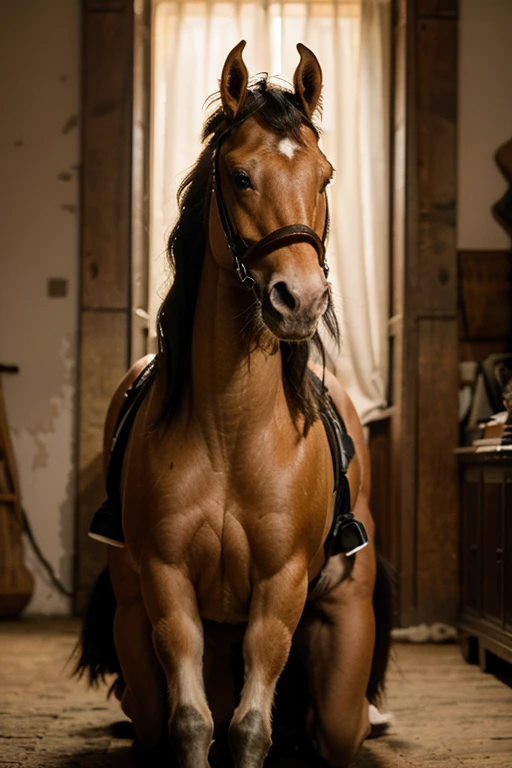 Melhor qualidade, obra-prima, ultra alta res, (fotorrealista: 1.4), foto crua, 1boy baixinho loiro escuro branquinho com mancha branca transparentena cara, com 2 velhas, 1 cavalo, em uma casa abandonada