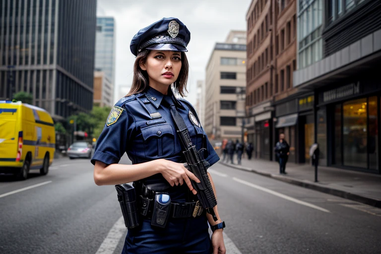 28 years old police woman in the crime scene, blue police uniform, bond ponytail, Filipino, black shoes, full body