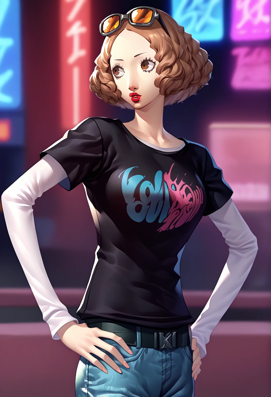 masterpiece,best quality,extremely clear 8k wallpaper,sidelighting, 1girl,absurdres,d.va1girl, solo, black t-shirt, white shirt, blue jeans, belt, lipstick, large breasts, short over long sleeves, brown hair