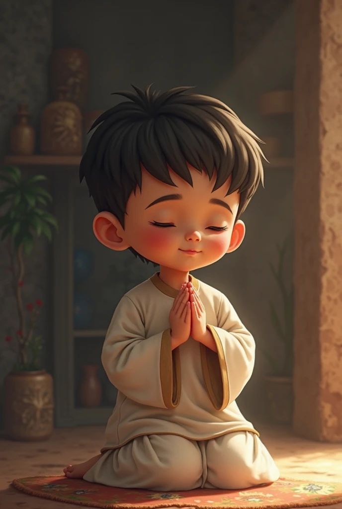 Child praying cartoon style in 4k ultra realistic