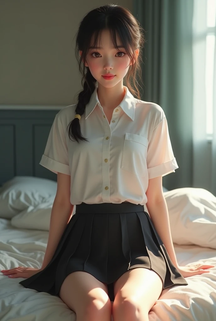 I want a Japanese girl with blue eyes, short in black shorts and a red blouse