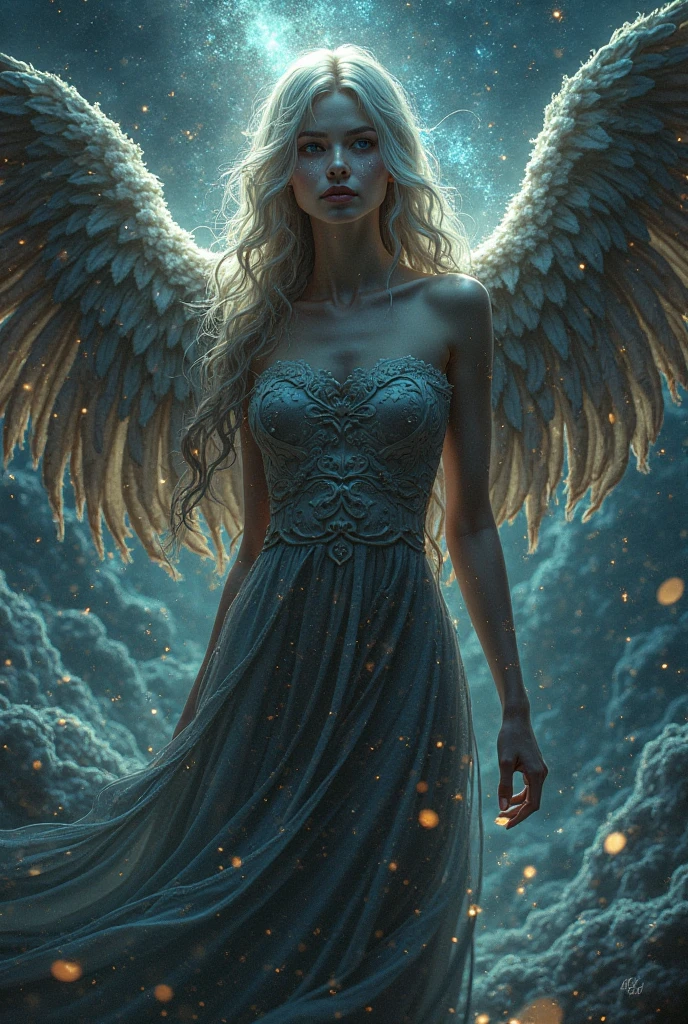 "A gigantic angel whose wings are made of starlight particles, shining brightly like the cosmos. As she flies, she leaves a trail of shimmering stardust that illuminates the mist-covered city, creating a celestial scene. This ephemeral angel appears and disappears within the fog, bringing peace to those who see her."