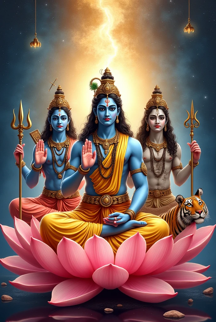 A spiritual scene depicting some of the Hindu gods in a celestial setting. In the center, Krishna is playing his divine flute, with a bluish aura surrounding him. At his side, the goddess Lakshmi, adorned with golden jewelry and holding a lotus flower, and the god Shiva with his trident, using snakes as adornments. In the background, Vishnu is depicted resting on a cosmic serpent, while Brahma, the creator, emerges from a lotus flower at Vishnu's navel. The scene is rich in vibrant colors and details, with symbols and iconography that represent the divine energies of these gods.