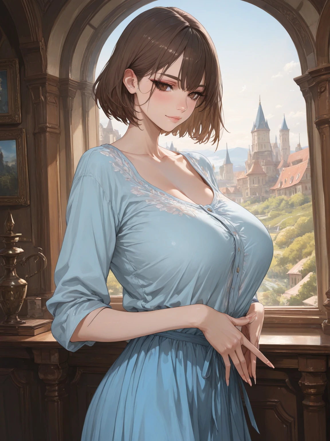 High definition, 4K, HD, 8K, Best Quality, Masterpiece, 1woman, historical early World War One 1900s American woman outfit, hair ornament, dress, ivory brooch, pearl earrings, medium length hair, brownish red hair, beautiful face solo, beautiful blue eyes, fair skin, some freckles, nude, naked, appealing to the female gaze