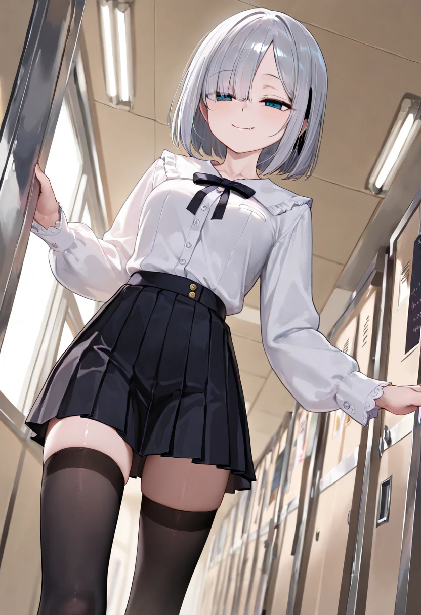 extra detailed face, Perfect Lighting, extremely details CG, (Perfect hands, Perfect Anatomy),Naughty big、cowboy shot、thighs thighs thighs thighs、double tooth、、red blush、embarrassed from、Stand on the escalator, (By up escalator), (lower body shot), Thigh Focus, (Taken from the bottom 1.3), (View from behind1.3)、 (white panties:1.3)、(Skirt that rolls up:1.3)、(Fully exposed panties:1.5),Looking back,(masterpiece、Highly detailed 8K CG、Sharp lines)、Rem of Rezero、hi-school girl、blue hairs、cute little、serafuku、White underwear and dark blue skirt、skirt rift、Panties that show through the skin、skinny body、Thin leg、thighs thighs thighs thighs、Sexy poses showing anime style、Beautiful anime schoolgirl、A seductive anime girl、Smooth Anime CG Art、Beautiful anime schoolgirl、Beautiful anime girl、Long-sleeved sailor suit、Navy blue pleated mini skirt、Crotch rubbing、masturbation、Rubbing your crotch with the corner of the table、Curve、No bra、(Lifting skirt、White lace panties visible:1.2)、thighs thighs thighs thighs、(Navel Ejection:0.4)、Dynamic Pose Beautiful and perfect legs, Clean and perfect hands、Straight short hair、long bangs hide one eye、Black pantyhose、Wear black stockings、White panties showing through black stockings、(Clearly visible detailed female pubic shape: 1.4)、very Bigger breasts、Colossal tits、Exposing all your boobs、Delicate body、Height 150cm、Thin leg、mournful smile、pink hairpin、fully body photo、Wear loafers、Watched over by many