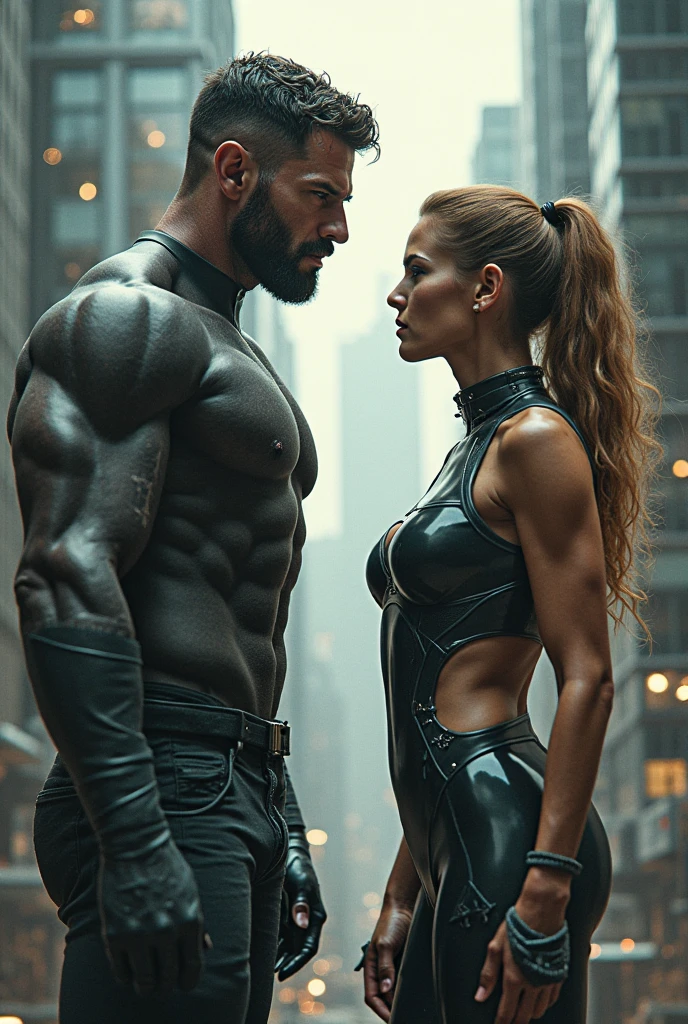 Woman and man bodybuilders with beautiful bodies, not too many muscles, wearing tight latex covering their private parts, beautiful faces, outside in a busy city street showing off their bodies, don't show so much latex on the man.