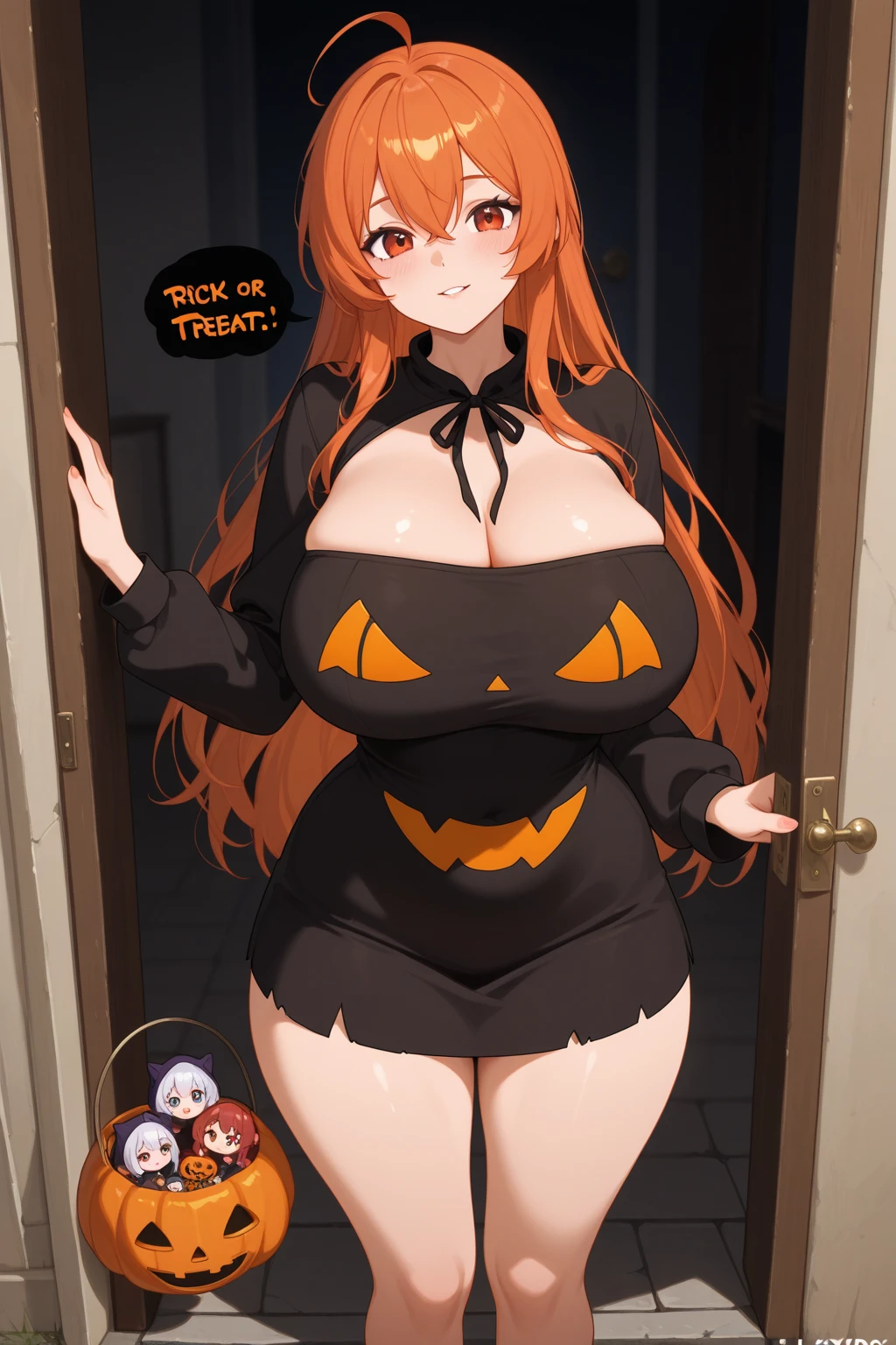 masterpiece, best quality, finely detailed, 1girl, (red hair), (bishoujo), cute, (red eyes), sharp teeth, (eyelashes), (huge breasts), (cleavage), (white shirt with pumpkin print:1.2), , green sweatshirt with a dinosaur hood, sitting on a sofa, lamp, window, night, delicate interior design,