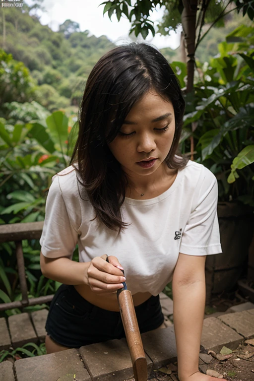 Make a realistic picture of a Thai uncle lighting incense and applying powder to ask for lottery numbers under a large gooseberry tree. Three numbers came out clearly.