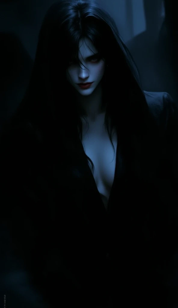Very pale skinned woman with black and red veins all over her body in a terrifying way, ghostly aspect. sapphire blue eyes and jet black hair. downcast expression 