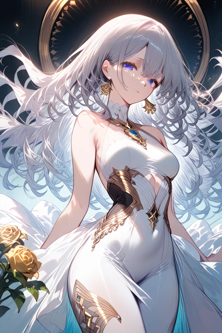 ((tmasterpiece)),high high quality,ultra - detailed,white color hair+golden outfit，delicate leg，Beautiful dress:1.2,Sweet and delicate girl,Delicate facial features,perfect bodies，Surrounded by roses，Vivid and bright colors,Pearl white background,Romantic long hair,Natural light,Warm and sweet,blue color eyes,Flower hair decoration。