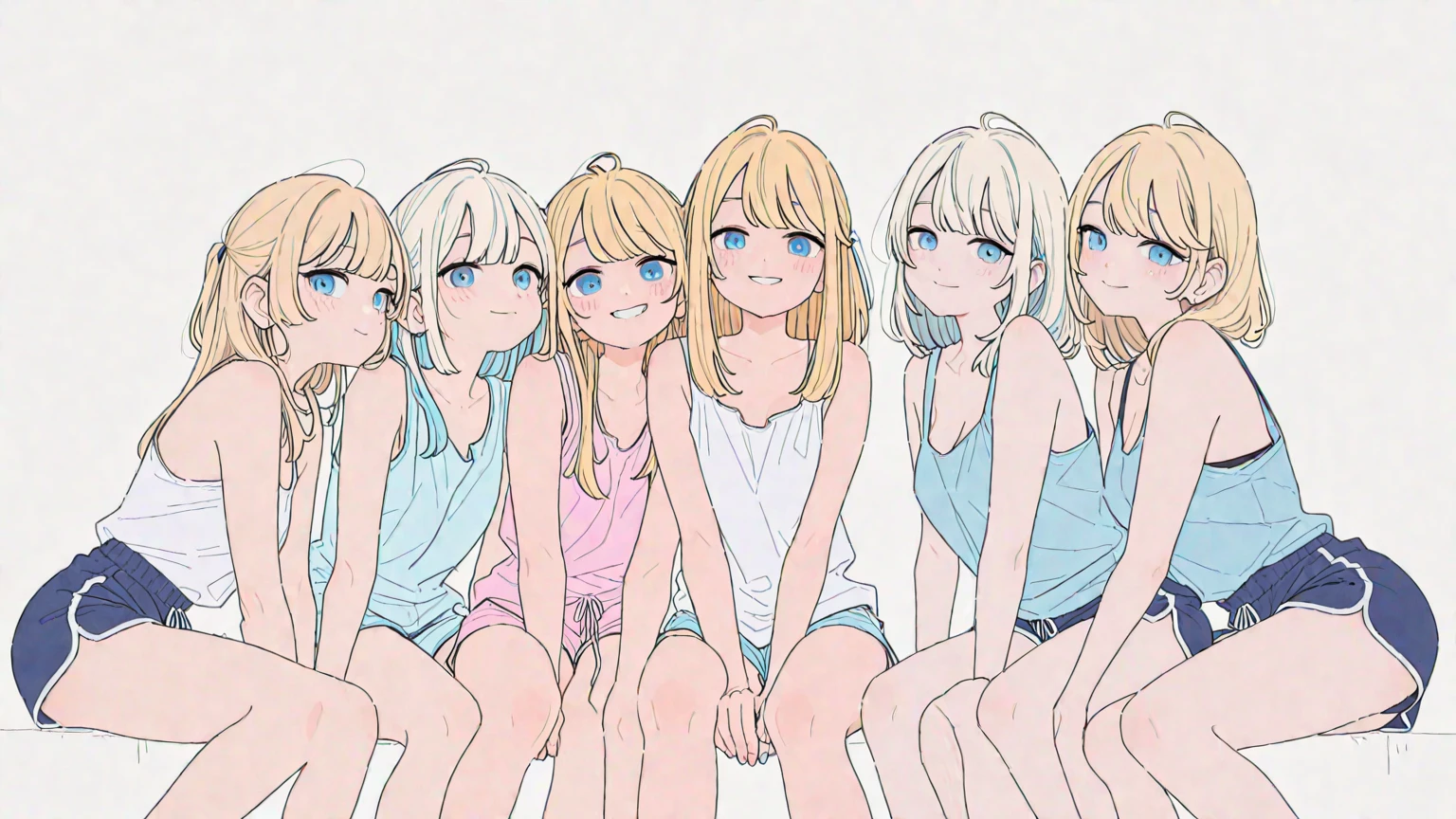 (superflat, flat shading, flat colors:1.1), (bedroom), 3girls, , , flat chest, blonde hair, naked, smile, blush, standing, selfie, (bottom, from behind), view from below, (low angle), bright sunlight, best shadows, watercolor,