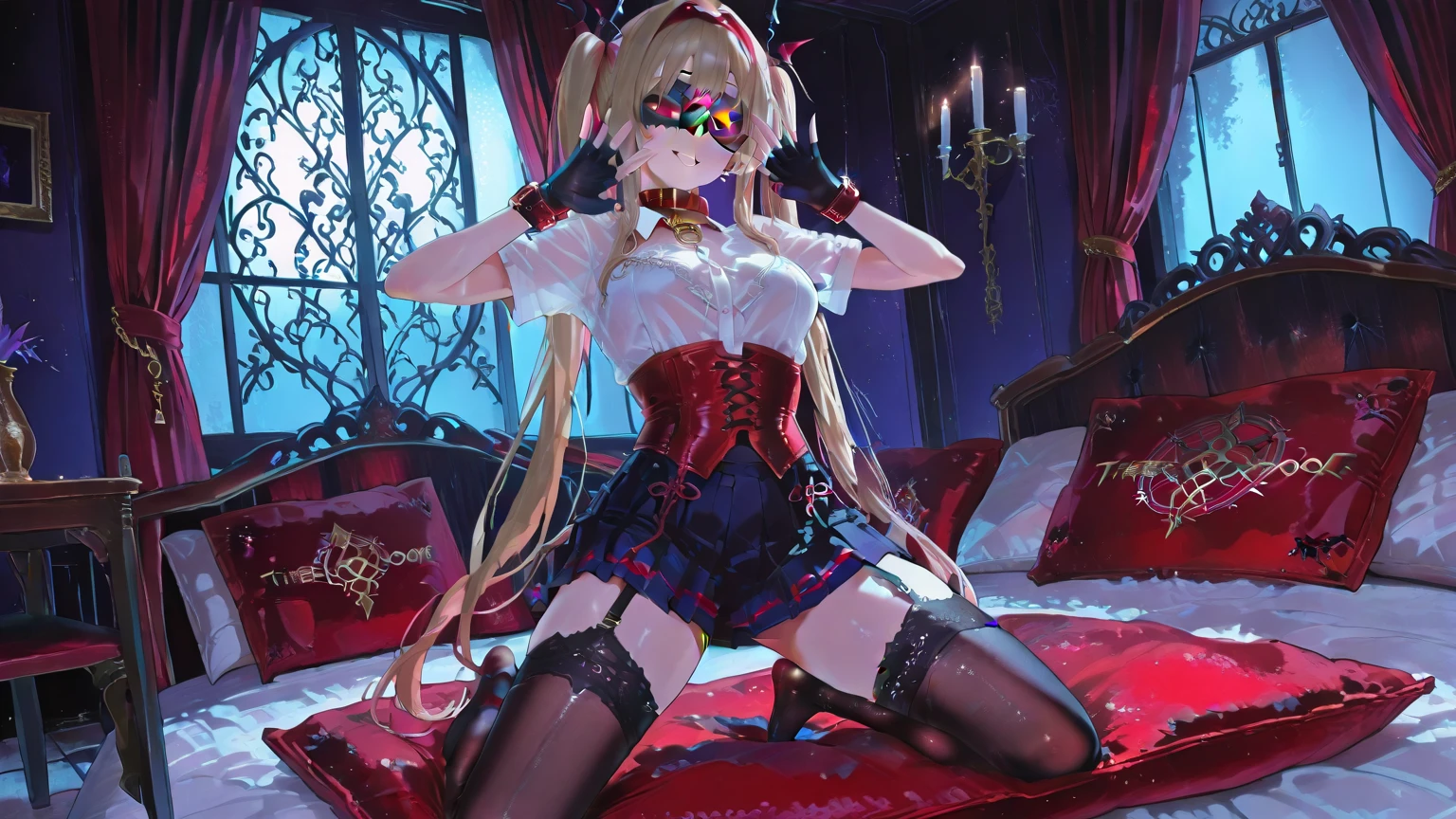 (masterpiece, best quality:1.2), 1girl, solo, picha_\(pose\),picha, sailor, standing split, (masterpiece, best quality:1.2), 1girl, solo,standing_split, asuna, mechanical cyber latex uniform, (royal bedroom background, on bed, ),(( spreading legs, head-mounted display, magic circle tattoo on stomach, slirt, detailed cameltoe, )),