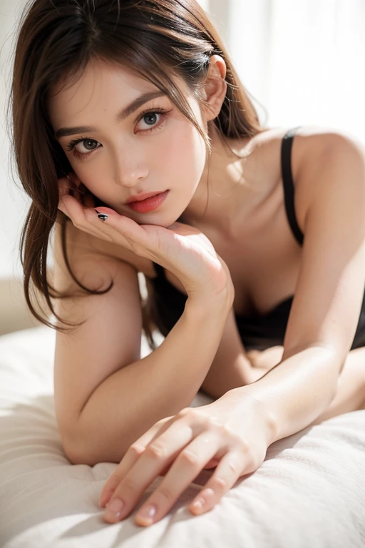 Tabletop, highest quality, figure, Very detailed, In detail, High resolution, 8k wallpaper, Perfect dynamic composition, Beautiful fine details,Medium Hair, Center of chest, Natural color lip, Random sexy poses,On the bed、On all fours、cute、In a bra