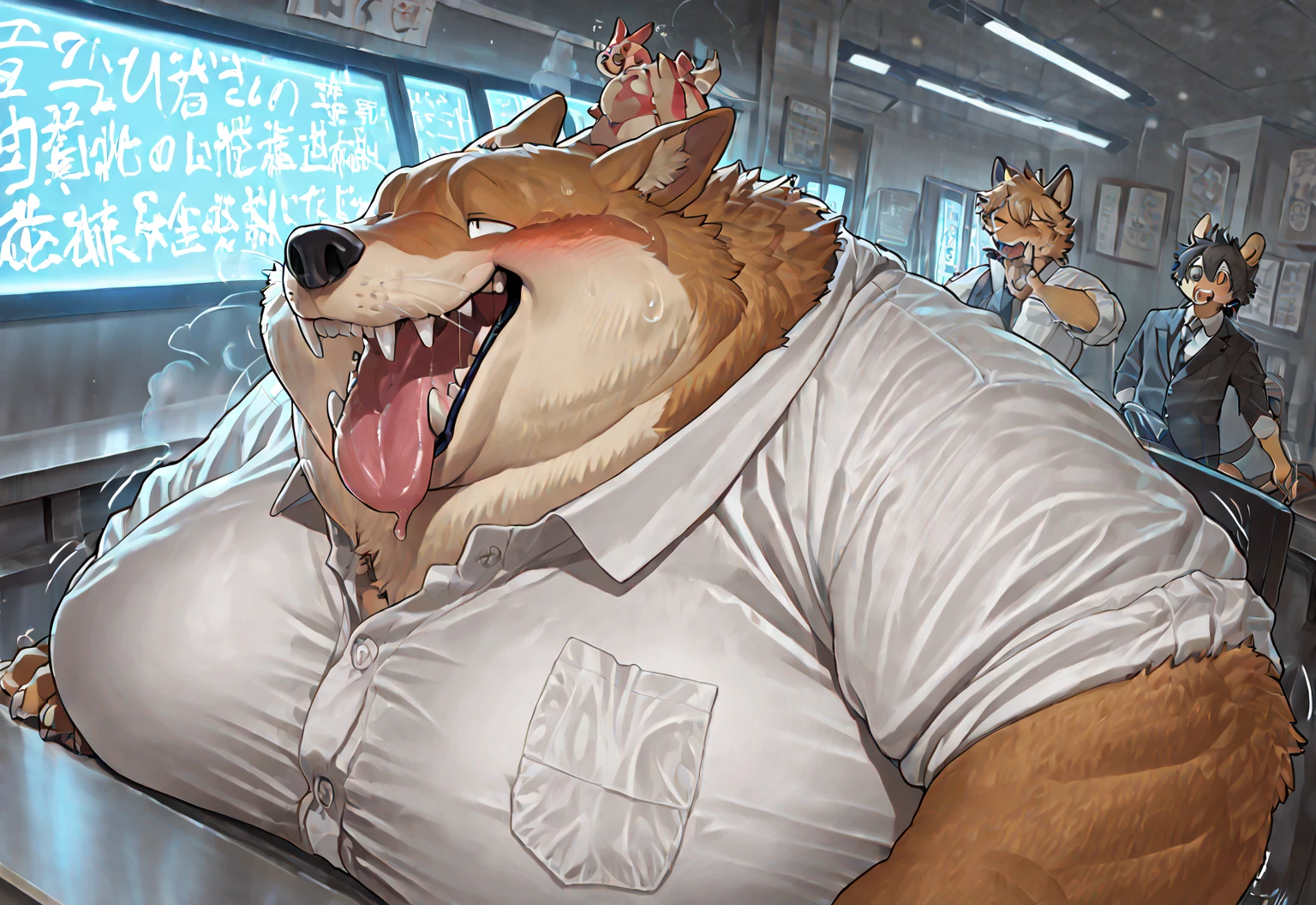 masterpiece, best quality, 8k resolution, Very detailed, hairy,Shiba Inu,(Black hair),(((golden fur))),(((Blood red eyes))),Chubby,Chubby face,(((White shirt))),(((Loose shirt))),((Black pants)),(((For the audience))),Highest quality scene,(((Solitary))),(((solitary))),Upright,portrait,((Hand drooping normally)),((Night)),((bloody)),((Face-to-face)),(((Eyes on me))),(((The eyes are empty))),(((Round face))),(((Smiling evilly))),(((Blood all over))),(((Standing)))