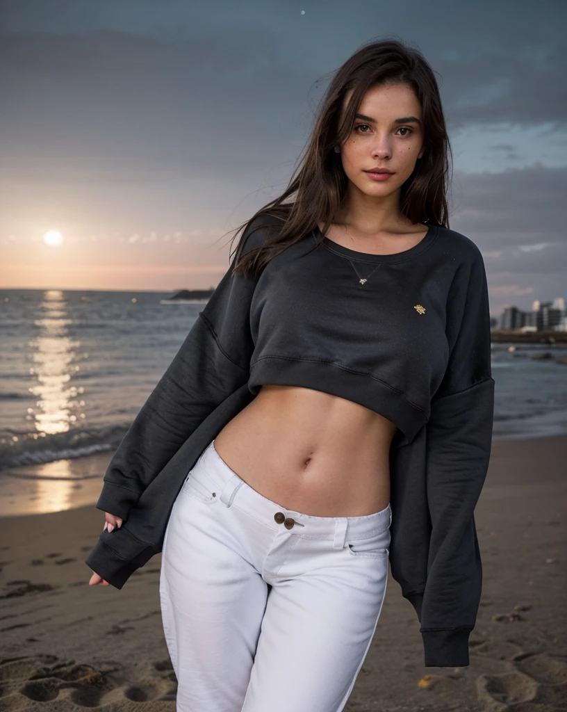 random cinematic portrait cute sexy outfit 18 years old girl, straight hair, night in beach