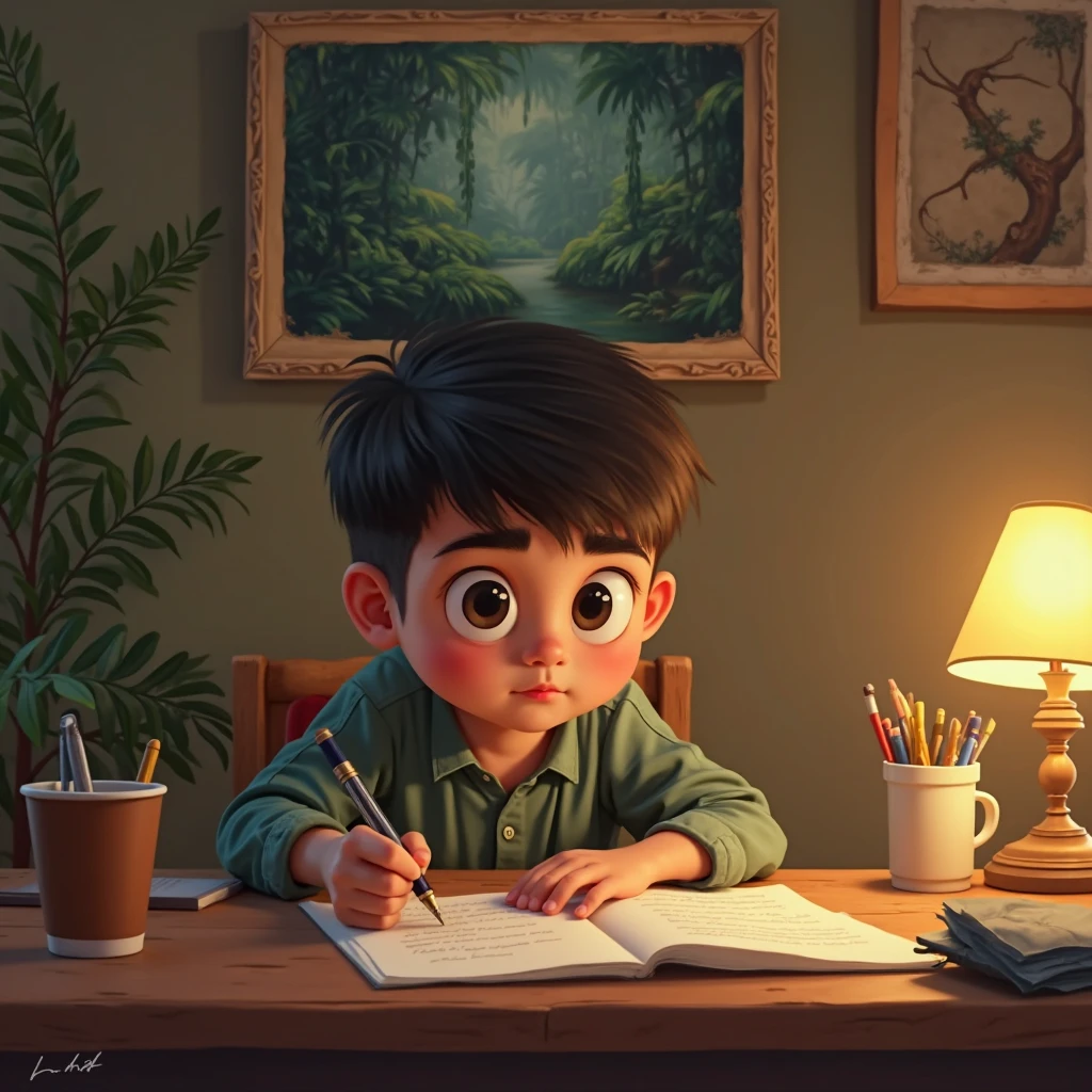 A boy sitting on a chair who weared a t-shirt which is named astronomy. A book on his table which is named Psychology. The boy is writing a mathematical concept. A white telescope on his table's corner.