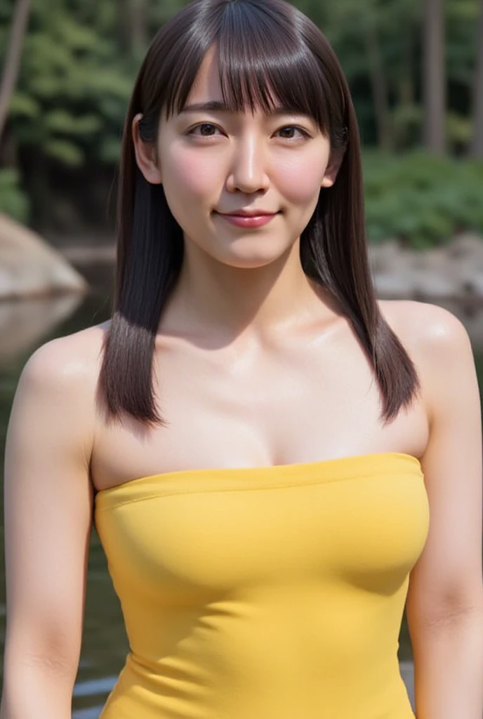 shoulderless yellow dress、1 girl、(full body esbian)、(stiletto heels)、(short hair:1.1)、(realistic:1.7)、((highest quality))、absurd、(超A high resolution)、(Photoreal:1.6)、Photoreal、octane rendering、(hyper realistic:1.2)、(realistic face:1.2)、(8K)、(4k)、(masterpiece)、(realistic skin texture)、(enlightenment、movie lighting、wallpaper)、(beautiful eyes:1.2)、(perfect face)、(cute)、(laughter:0.9)、(black haired)、(hair length)、(hair length)、black eye、red lips、(outside the house)、