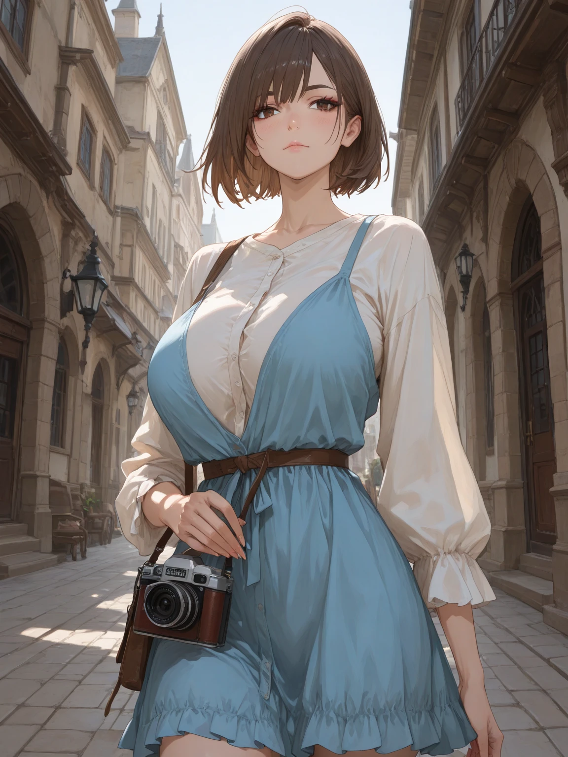 short length bangs, tmasterpiece, Best quality at best, A high resolution, 1个Giant Breast Girl, ,Lopfe art style,view the viewer,(ssmile:0.6),,Lace bra,Cardigan,Fenced building roof,ventania,