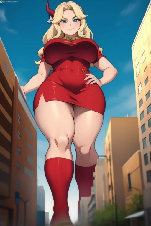 sexy woman, mature milf, huge breasts, large breasts, curvy, voluptuous, blonde hair, blue eyes, long hairstyle, santa microbikini, santa hat, christmas gloves, grinning, standing, full body, solo focus, city street, outdoor, night time