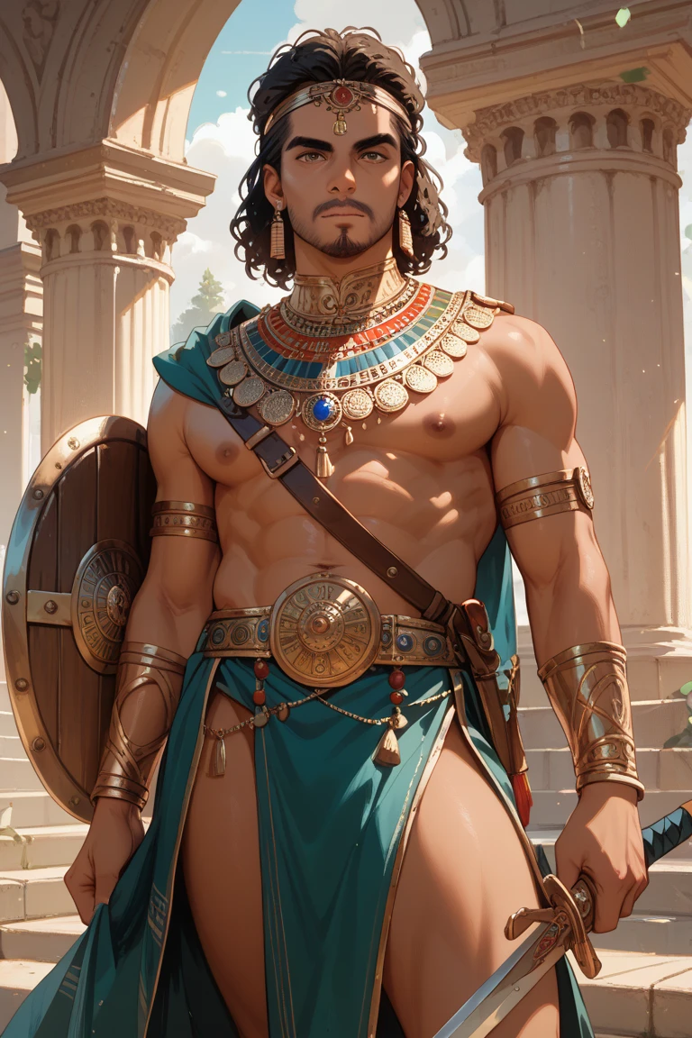 a close up of a man in a costume holding a sword, beautiful androgynous prince, handsome prince of persia, brown skin man egyptian prince, attractive male deity, ashoka tano, leaked image, delicate androgynous prince, sukhothai costume, picture of an adult male warrior, tai costume, handsome prince, henry cavill as a greek god