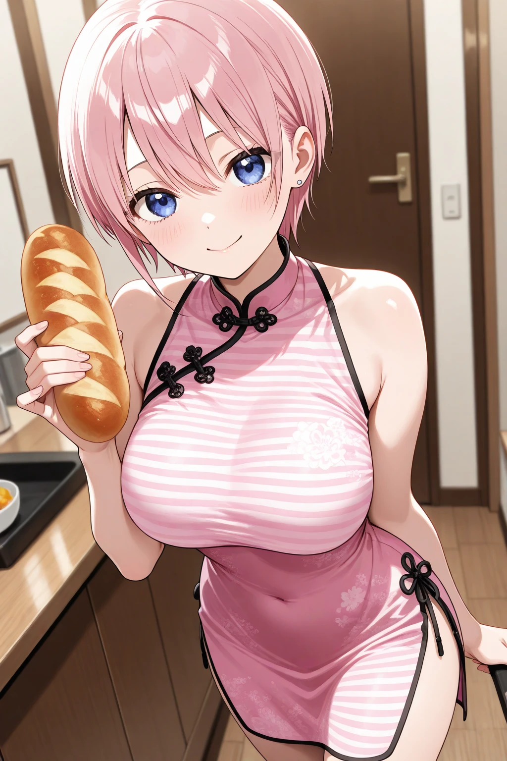 1 girl, topless, khaki pants, outdoor, navel, nipples, streets, sweaty, marketplace, puddle, sneakers, necklace, sleeveless, holding canned beer, wet, smiling, dirty, wet market, raining, raindrops, philippines, large breasts, kneeling, puffy nipples, aqua eyes, gotoumichiyo, pink hair, erect nipples, tongue out, neck collar, long tongue