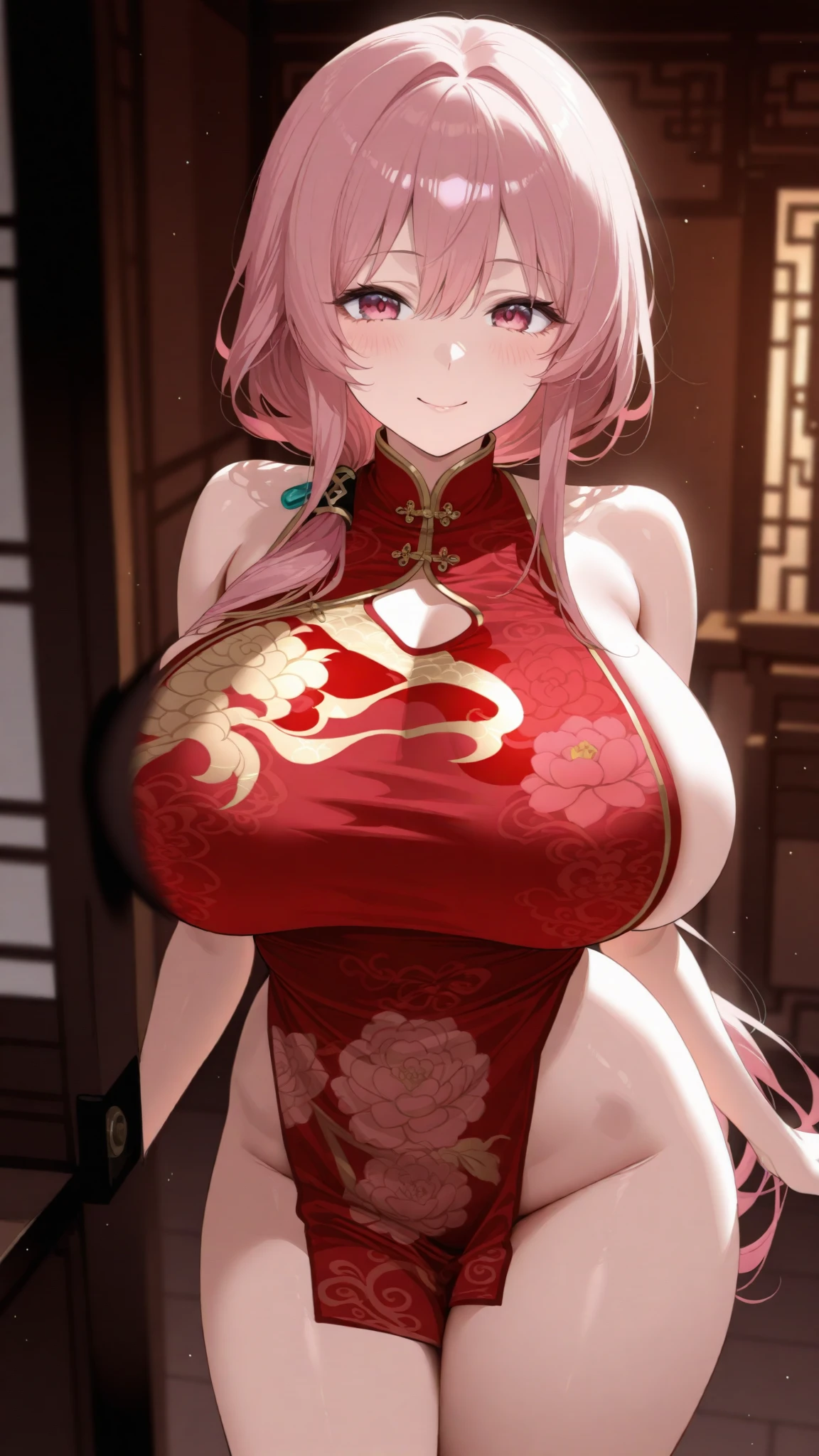 masterpiece,highest quality,(Super detailed),masterpiece,written boundary depth,perfect sentence, Detailed CG,Super detailed,(highly detailed eyes,very cute face,highly detailed face:1.3),beautiful anime girl,(solo girl:1.9),(super huge breasts:1.9),(pink hair,low twin tails:1.5),(light blue eyes:1.3),(smile full of joy:1.3),open your mouth,show viewer,break,(red cheongsam,gold embroidery:1.5),(side boob),cleavage cutout,slit,off shoulder,removable sleeve,micro mini skirt,chinese style background,break,(Stretch your hands forward),dynamic pose