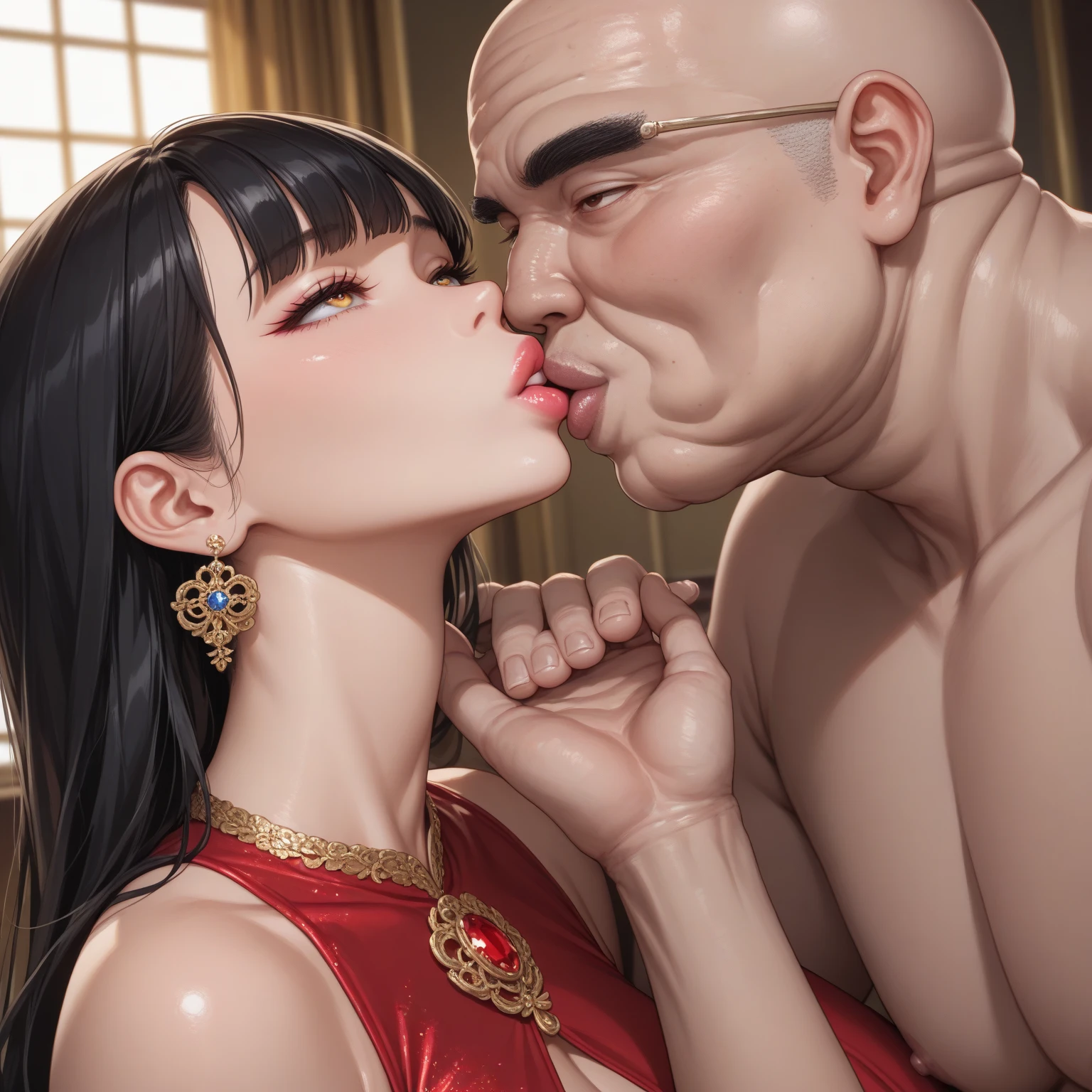 Hot sexy beautiful milf mom taking hugging tightly on bed with fat ugly old man ,slender body, detailed lips rings ,black hair,black eyes,white sun glasses on head, detailed , big hoops earrings , alluring face, necklace , red lipstick ,two hair ponytail , cleavage, lingerie