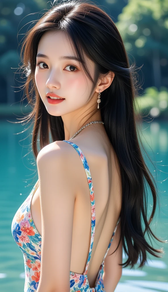 Fashion model 18 years old [[[[closeup cleavage]]]], [[[[boobgasm]]]], [[[[coll]]]], [[[[bshoulders]]]], perfect  eyes, Perfect iris，Perfect lips，perfect teeth，Perfect skin，Long face，slender nose，with fair skin，Soft front light，hdr，Movie girl，Casual，long whitr hair，Long hair with a shawl，The background is outdoors，Green trees and flowers（pastel colour：1.2）