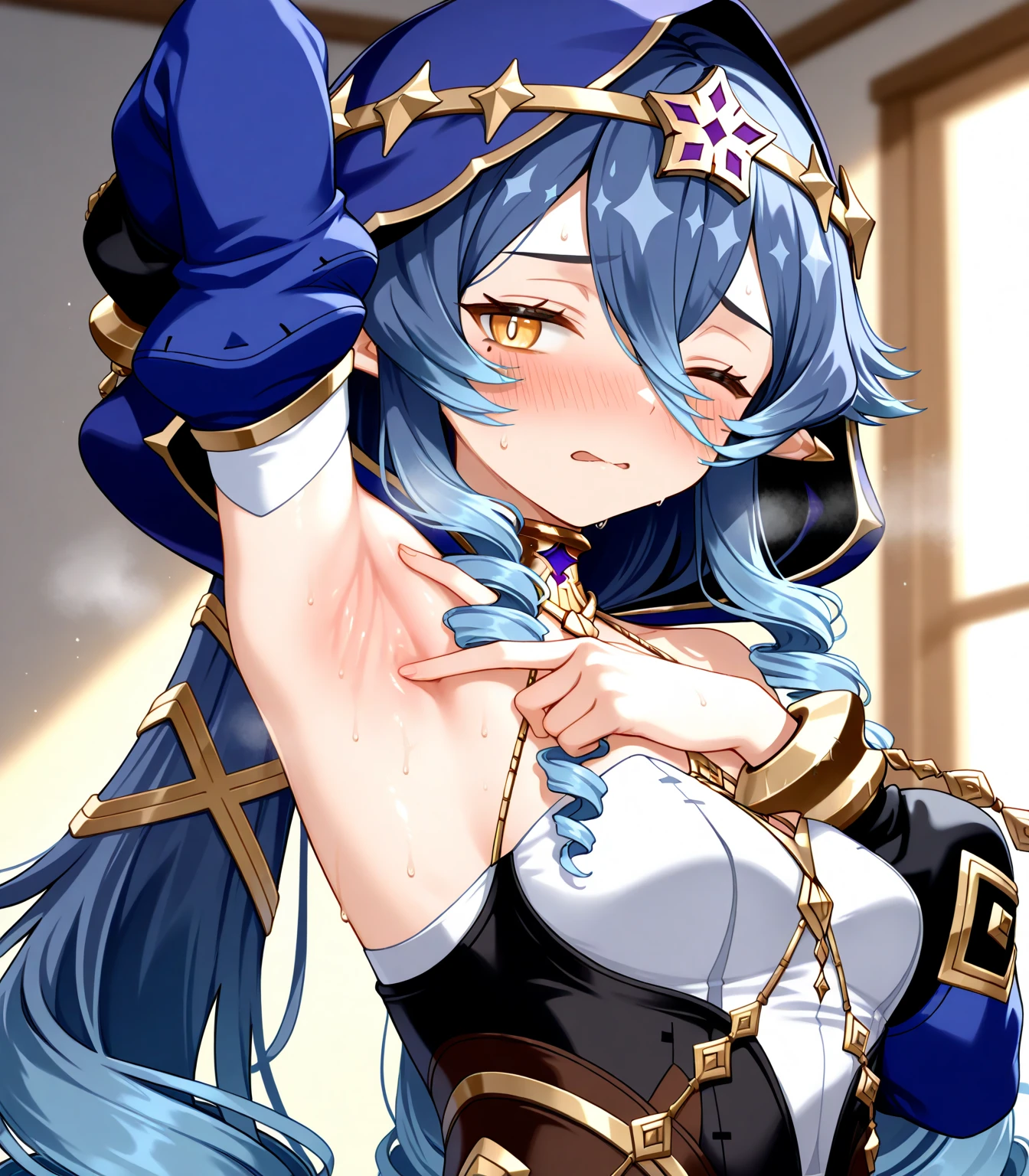 masterpiece, best quality, highres, seraphine1, 1girl, solo, blue hair, k/da \(league of legends\), very long hair, multicolored hair, jewelry, ponytail, blue eyes, earrings, dress, black choker, two tom hair, purple hair, black thighs, bracelet, black skirt, crystal, large breasts, on stage, waving, nsfw, ((((micro-bikini)))), (((shy)), ((blush)), (((ahegao))), fans on the side, fan on stage, ((( lifting the skirt))), (((showing the panties))), ((((show screen broadcasting it on a large scale))), drooling, crying, tears in the eyes, ((((fans taking the stage))), ((((fans in the background))), (((a lot of drool))), (((drooling a lot))), (((lifting skirt))), (((exposed))), (((all drooling))), (((sweaty))), steam,