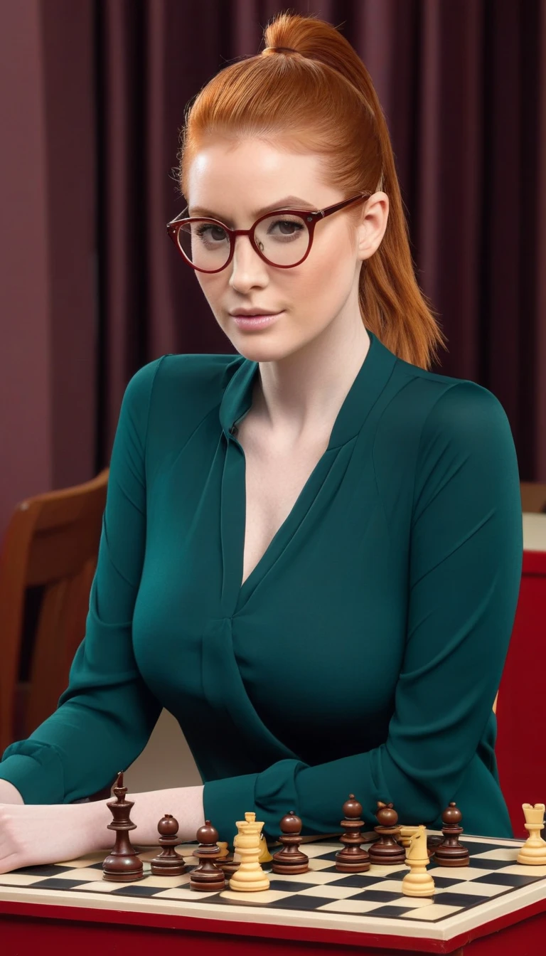 ultra realistic, photography, long red hair, girl, 24 years old, hourglass figure, perfect body, small breasts, Flirty look, extremely detailed artgerm, in the style artgerm, facing the camera, lens 35 mm, blur background, in a liabrary, librarian, hair up in a bun, glasses, theres a laptop in front of her and a small stack of books next to her, sitting behind desk, tight turtleneck
